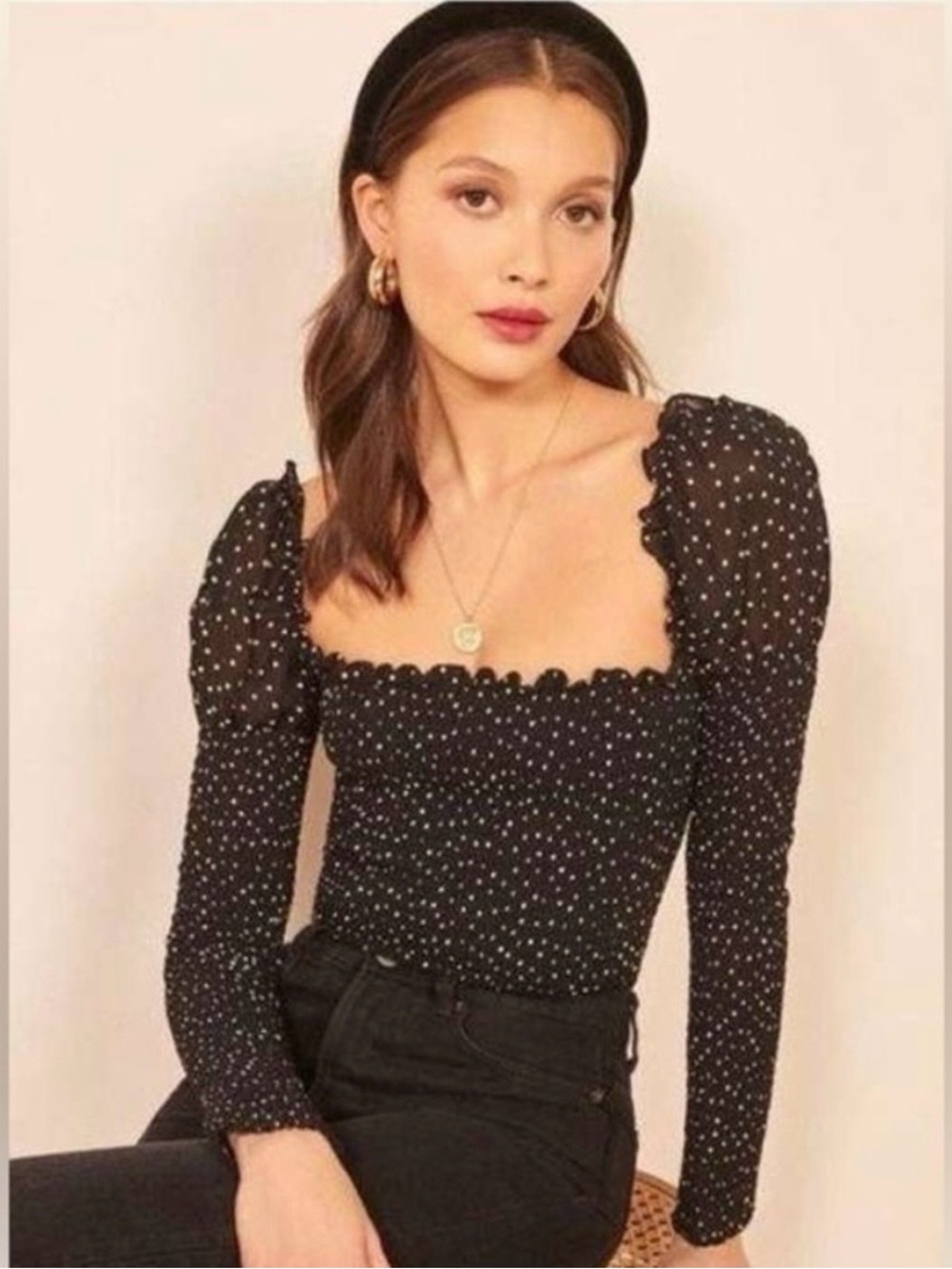 Reformation Elisabetta Black Polka Dot Square-Neck Long Sleeve Top